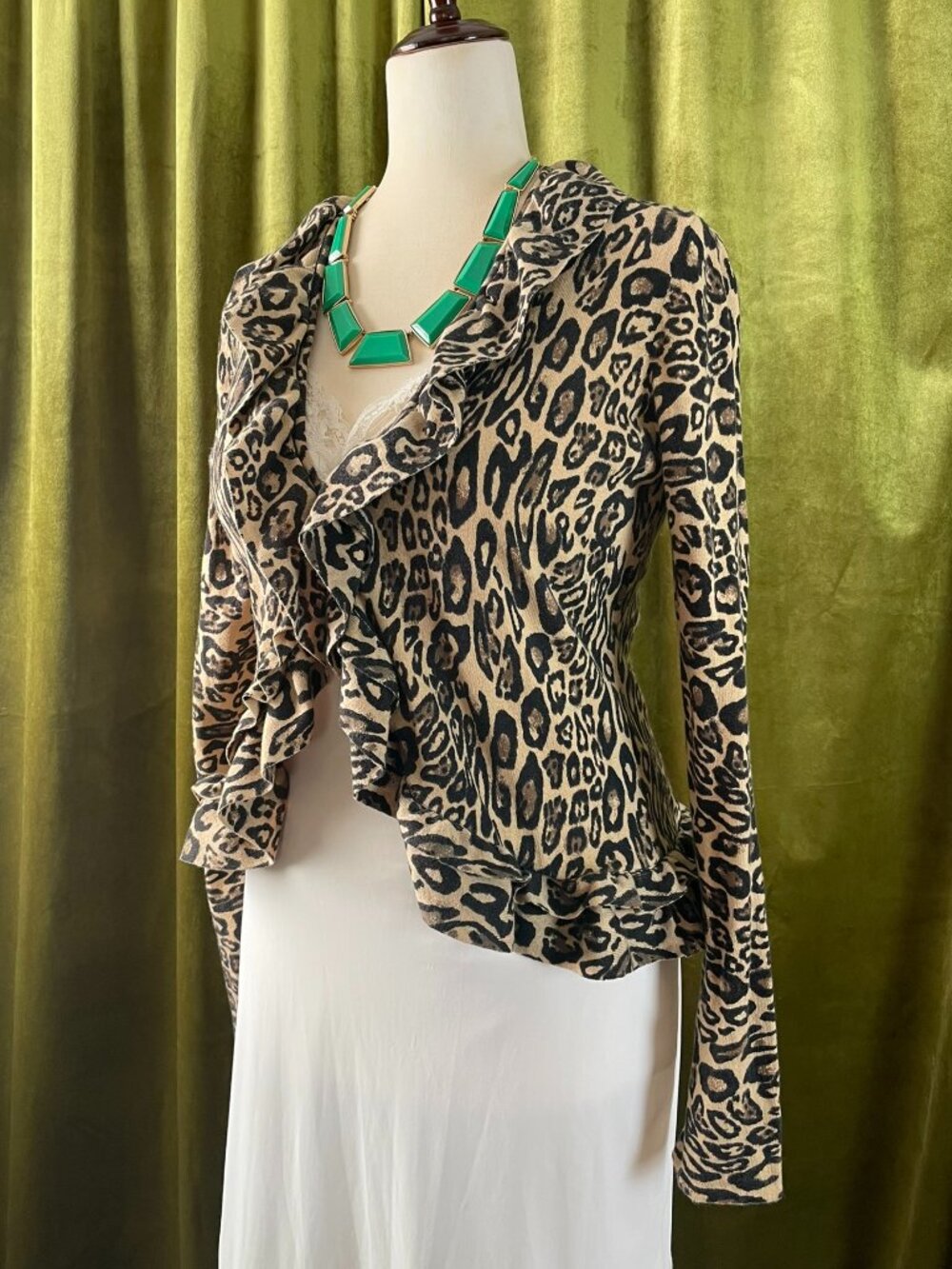 Leopard Print Ruffle Cardigan Cotton Blend